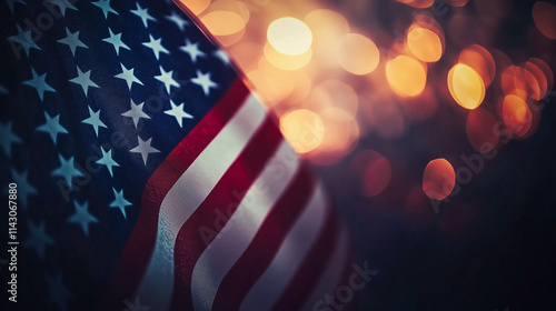 American flag with dramatic lighting and warm golden bokeh background for a patriotic theme photo