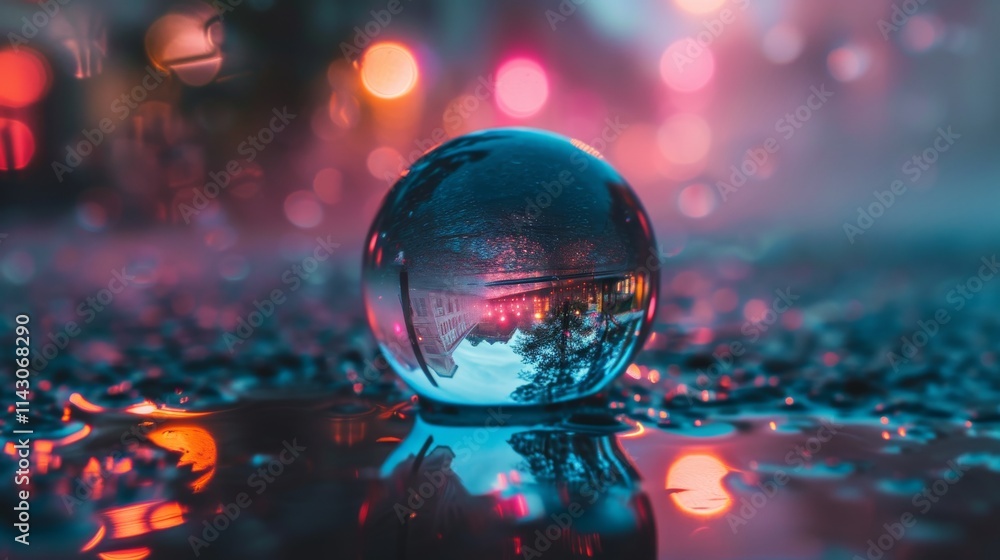 A macro image of a crystal-clear sphere on wet pavement reflecting a colorful, bokeh-filled city street, creating a magical and artistic mood. AI generated. A macro image of a crystal-clear sphere on wet pavement reflecting a colorful, bokeh-filled city street, creating a magical and artistic mood. AI generated.
