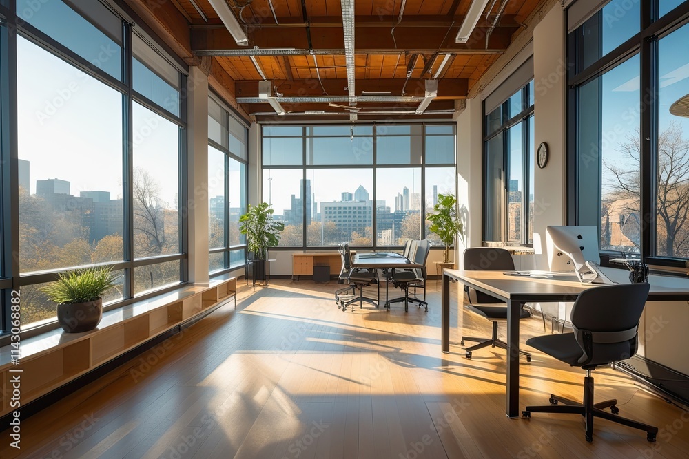 Obraz premium Bright and Airy Open-Plan Office with Abundant Natural Light and Spacious Windows