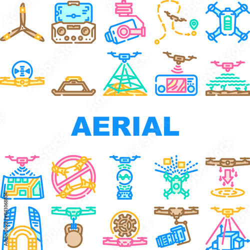 unmanned aerial vehicle drone uav icons set vector. quadcopter surveillance, reconnaissance mapping, delivery photography, videography unmanned aerial vehicle drone uav color line illustrations