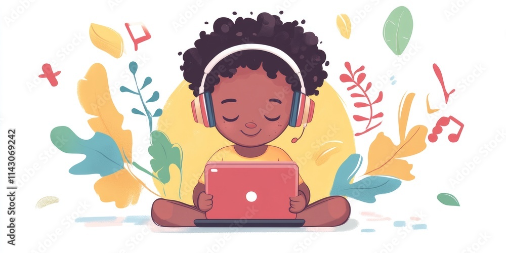 Engaged Black Child with Headphones Using Tablet for Fun Language Learning Games Engaged Black Child with Headphones Using Tablet for Fun Language Learning Games