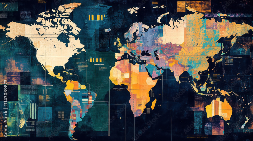 Fototapeta premium Collage of Global Maps Showcasing Primary Economic Sectors of Each Country: Agriculture, Industry, and Services with Futuristic Data Representations Illustrating Economic Dominance and Diversity, Idea