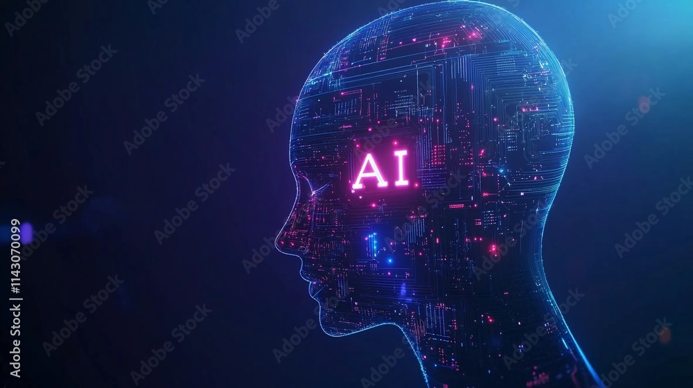 Obraz premium a digital head made up of circuits, nodes, and data flows, with dark blue gradient background, symbolizing the complexity of artificial intelligenc, AI technology concept
