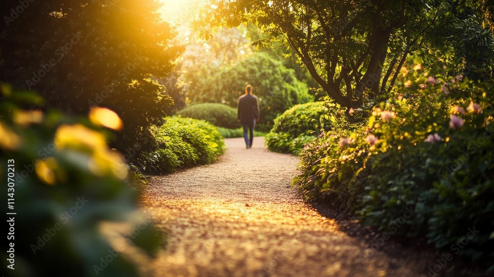 Obraz premium Person walks sunlit garden path, lush greenery.
