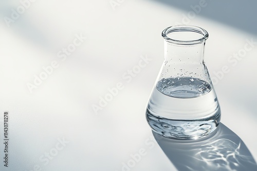 Sunlit flask with clear liquid, shadow play on surface