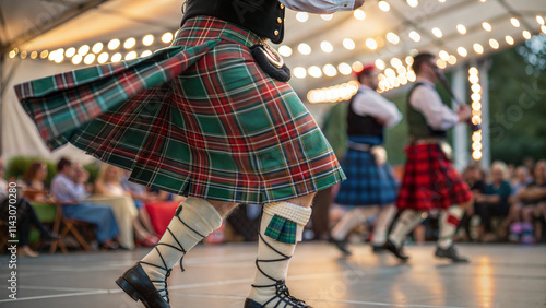 Dancers performing traditional Scottish Highland dance in kilts during an outdoor evening festival