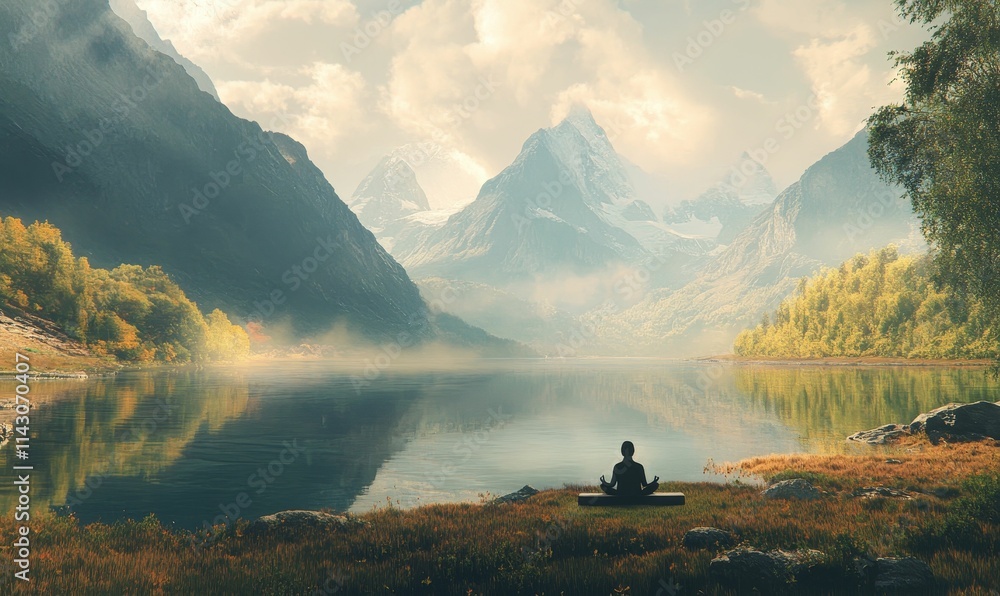 Serene figure meditates by calm lake, majestic mountains. Serene figure meditates by calm lake, majestic mountains.