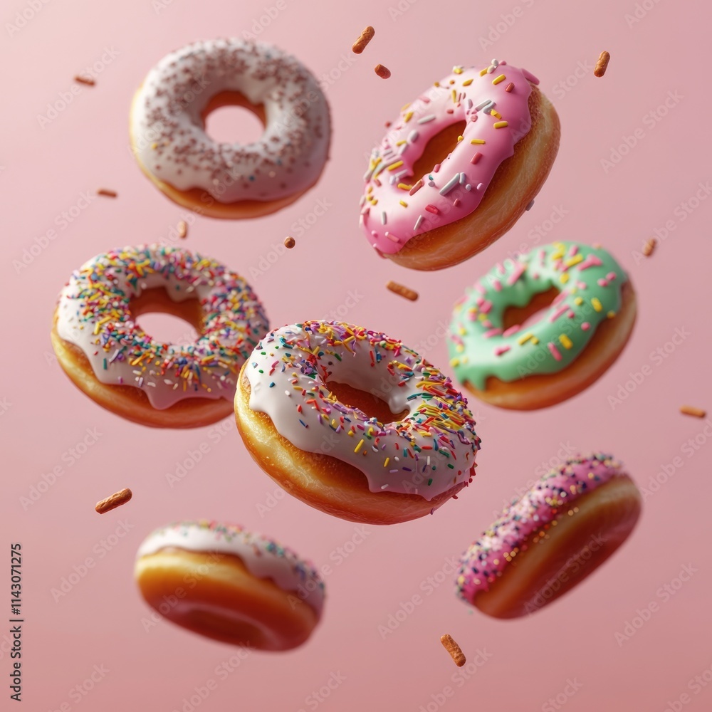 Whimsical Flying Frosted Doughnuts: A Colorful Array of Sprinkled Delights Soaring Against a Pink Backdrop Whimsical Flying Frosted Doughnuts: A Colorful Array of Sprinkled Delights Soaring Against a Pink Backdrop