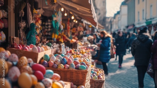 A bustling Easter market in a European square, with decorated stalls selling eggs and crafts