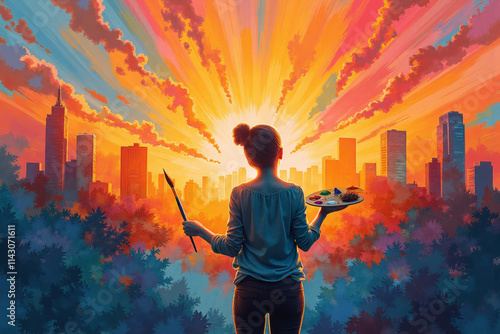 Silhouette of a young artist holding a palette and brush, gazing at a vibrant sunset over a city skyline