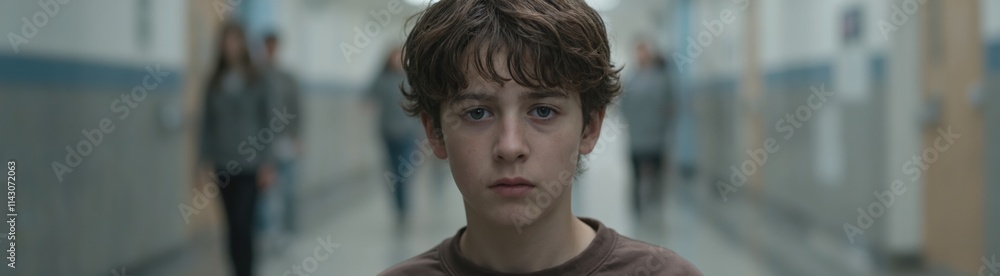Sad teenage boy standing alone in a hallway. Blurry figures in the background. Concept of loneliness, bullying, and isolation. Sad teenage boy standing alone in a hallway. Blurry figures in the background. Concept of loneliness, bullying, and isolation.