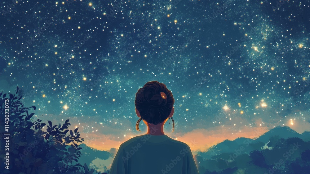 Woman gazes at starlit night sky, hills. Woman gazes at starlit night sky, hills.