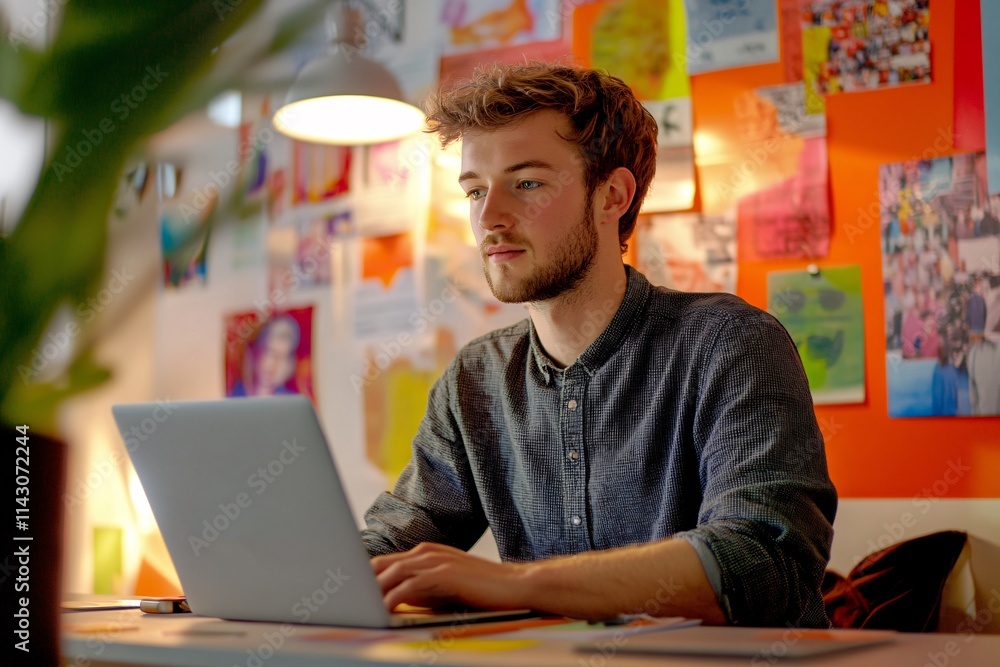 Young male entrepreneur, working in a modern startup office, typing on his laptop, surrounded by motivational posters and a vibrant, innovative workspace, positive energy 3 Young male entrepreneur, working in a modern startup office, typing on his laptop, surrounded by motivational posters and a vibrant, innovative workspace, positive energy 3
