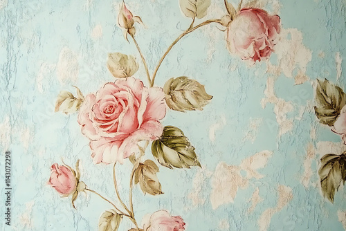 Vintage shabby chic rose pattern with delicate floral arrangement on soft pastel background for fabric, wallpaper, stationery, wedding decor, and romantic design projects photo