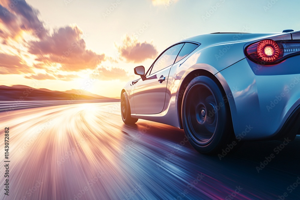 Silver sports car speeding on desert highway at dusk, vibrant light reflecting on metallic surface, backlighting enhancing shadows and curves, wide-angle cinematic shot 3 Silver sports car speeding on desert highway at dusk, vibrant light reflecting on metallic surface, backlighting enhancing shadows and curves, wide-angle cinematic shot 3