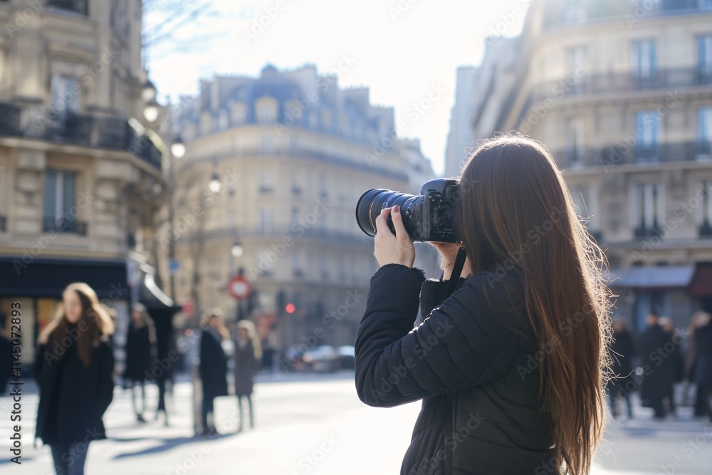Slavic girl with long brown hair, taking a photograph of a couple on a Paris street with old architecture behind her, clear sky, bright sunlight, full-length shot of her 1 Slavic girl with long brown hair, taking a photograph of a couple on a Paris street with old architecture behind her, clear sky, bright sunlight, full-length shot of her 1