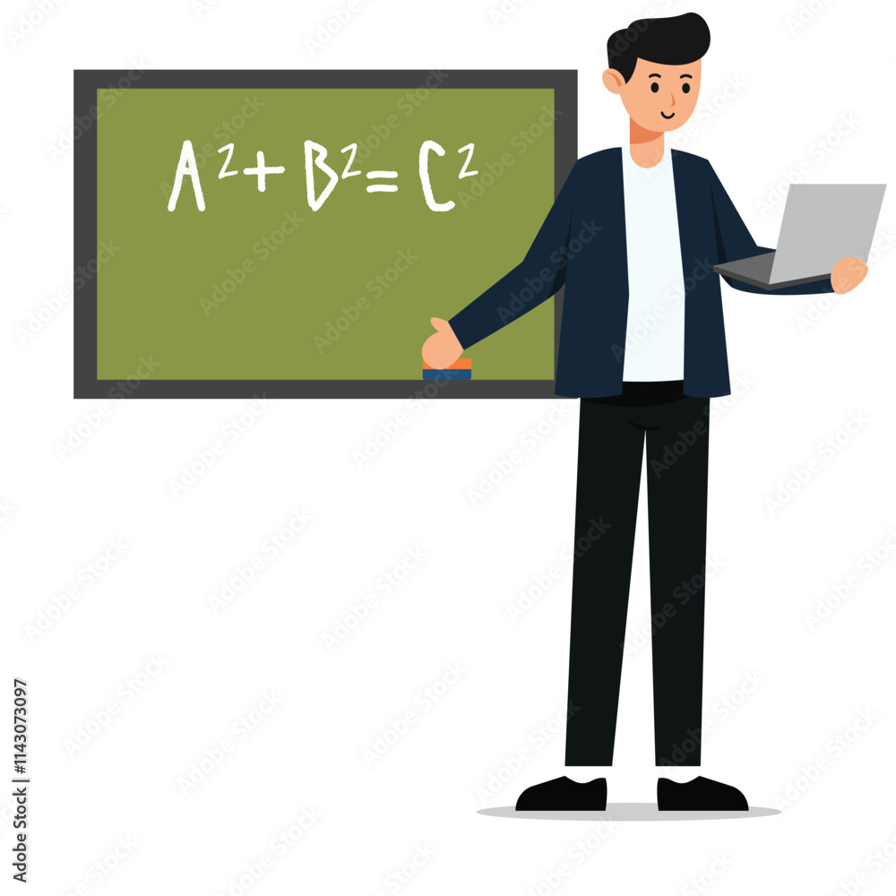 The teacher is standing in front of the blackboard explaining the material on a laptop The teacher is standing in front of the blackboard explaining the material on a laptop