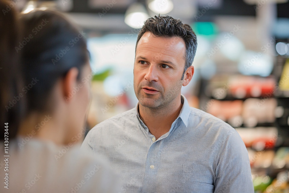 Office gossiping man with dark hair, mid-40s, wearing a shirt, discussing something with a retail associate in a busy store environment 3 Office gossiping man with dark hair, mid-40s, wearing a shirt, discussing something with a retail associate in a busy store environment 3