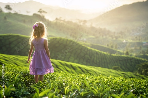 Wallpaper Mural Little girl wearing a purple dress, standing on a tea plantation, surrounded by green tea leaves, soft sunlight, distant lush mountains, dreamy feel 4 Torontodigital.ca