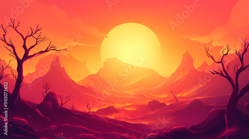 Fiery landscape representing the perception of hell, hell, fire, devil, sin, punishment, underworld, eternal, torment. Brimstone. Illustration