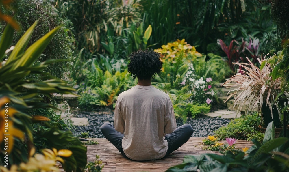 Person meditates amidst lush, tranquil garden. Person meditates amidst lush, tranquil garden.