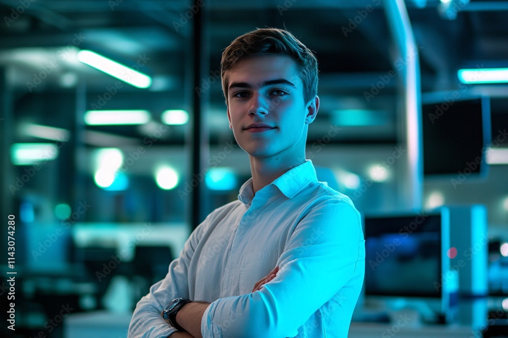 Confident young entrepreneur in casual attire, standing with arms crossed in front of a high-tech startup space Modern lighting highlighting his confident expression 3 Confident young entrepreneur in casual attire, standing with arms crossed in front of a high-tech startup space Modern lighting highlighting his confident expression 3