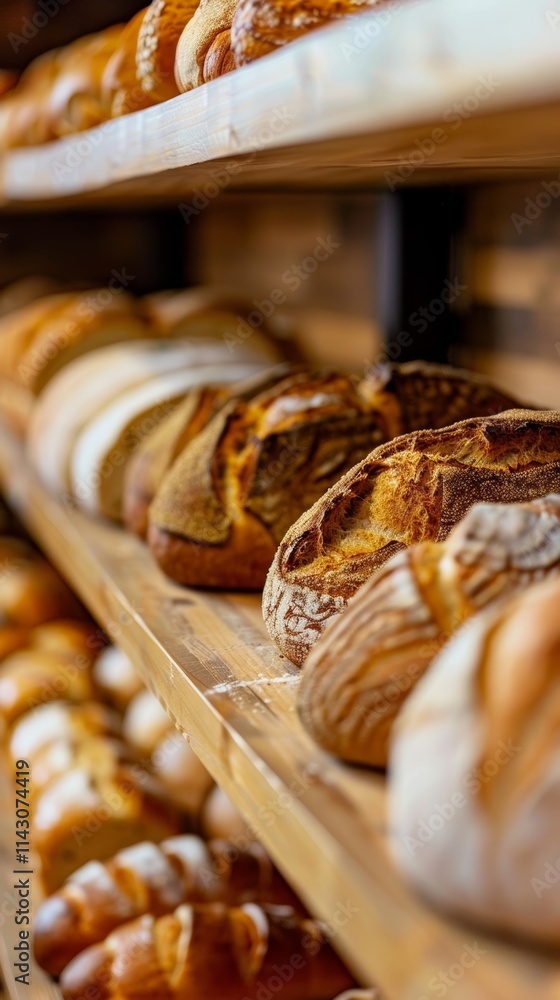 A close view of a shelf with assorted crusty bread loaves in sharp focus in a bakery. A close view of a shelf with assorted crusty bread loaves in sharp focus in a bakery.