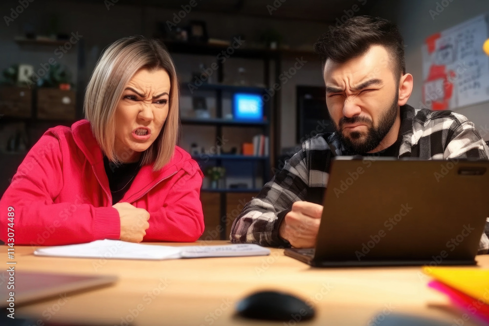 A man and woman appear frustrated while looking at a laptop screen, expressing a strong emotional reaction, with papers and a homely environment in the background. A man and woman appear frustrated while looking at a laptop screen, expressing a strong emotional reaction, with papers and a homely environment in the background.