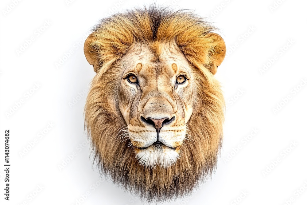 Majestic lion face with intense stare and full mane on white. Majestic lion face with intense stare and full mane on white.