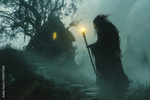 Baba Yaga witch in a side pose, near her ancient tree house, holding a staff with a luminous tip, dark mystical forest around her, fog and shadows 1