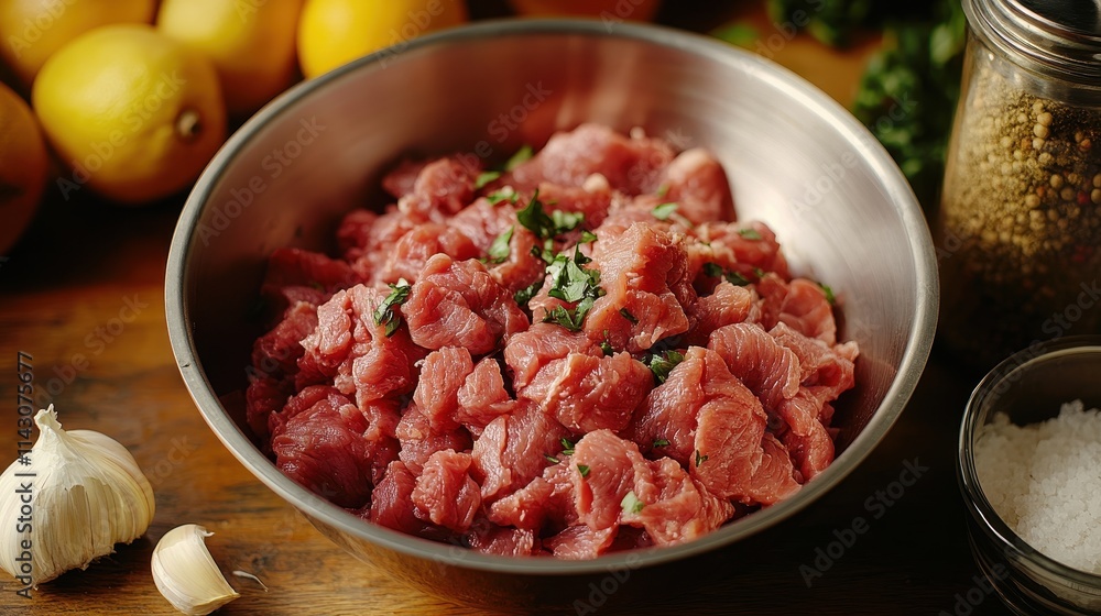 Chopped fresh meat in a stainless steel bowl surrounded by ingredients Chopped fresh meat in a stainless steel bowl surrounded by ingredients