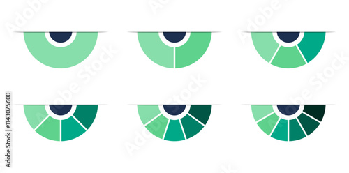 Set of half pie chart diagrams. half Circles cut separated on1,2,3, 4,5, 6, with empty middle,simple flat design vector illustration.with drop shadow line