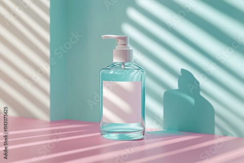 Beauty background with facial cosmetic products, shopping bag and twigs with cherry blossom on pastel blue desktop background. Spring skin care trends, top view, frame, flat lay. Branding mock up