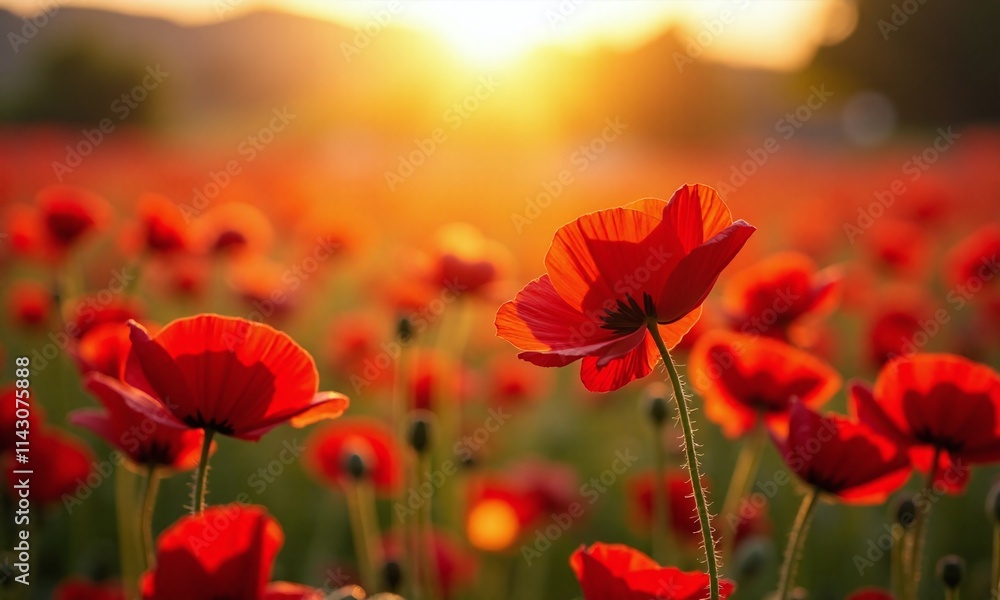 Fototapeta premium Red poppies field golden sunset warm light bokeh