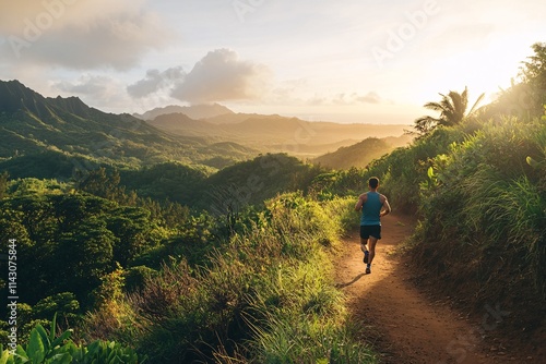 An athletic man jogging along a dirt trail surrounded by lush greenery and distant mountains, sunrise light creating a golden glow, dressed in sporty attire, medium-wide shot 1