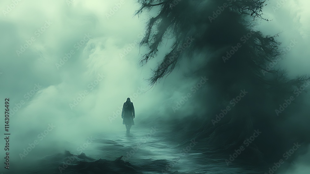Mysterious figure walks through a foggy forest path near a large tree. Mysterious figure walks through a foggy forest path near a large tree.