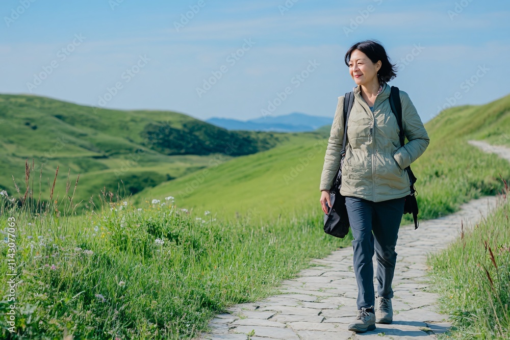 A middle-aged Asian woman strolling along a stone path in a bright green valley, dressed in casual clothing, soft natural lighting, clear blue sky, medium-wide shot 2