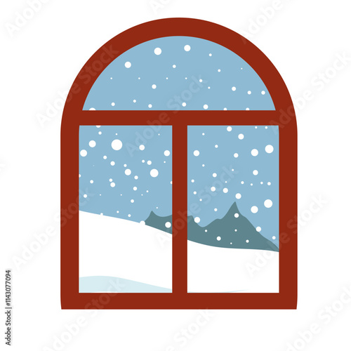 Window overlooking the winter landscape. Cartoon flat style. Vector illustration.