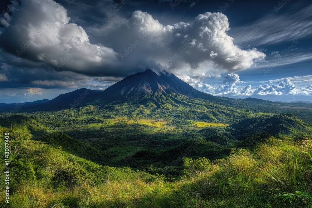 Naklejka premium Mysterious Dark Mountains Shrouded in Heavy Clouds Under a Deep Blue Sky - A Scenic Landscape for Nature and Hiking Adventures