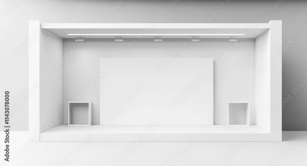 Minimalist Trade Show Booth Design. 3D Rendering of a Sleek White Display with Blank Banners for Marketing Minimalist Trade Show Booth Design. 3D Rendering of a Sleek White Display with Blank Banners for Marketing