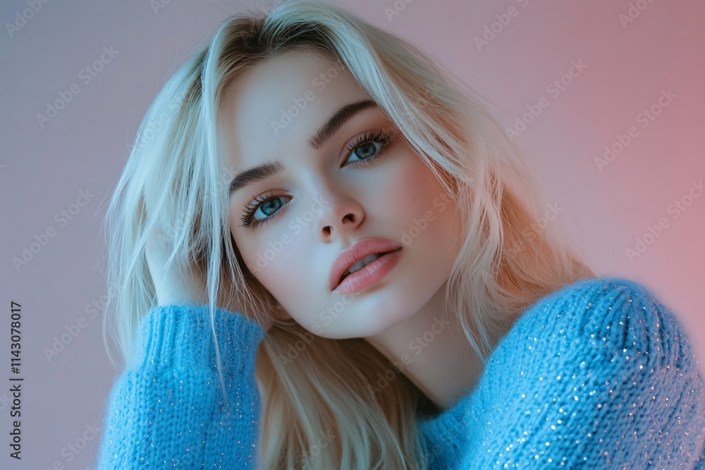 A Ukrainian blonde woman, late 20s, in a bright blue sweater adorned with small crystals, posing calmly in a studio, soft lighting, stylish elegance 3 A Ukrainian blonde woman, late 20s, in a bright blue sweater adorned with small crystals, posing calmly in a studio, soft lighting, stylish elegance 3