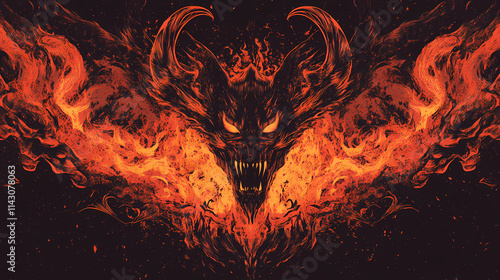 Concept of hell. fierce flames and raging fire surround a representation of the devil at the center. ai generated. Brimstone. Illustration