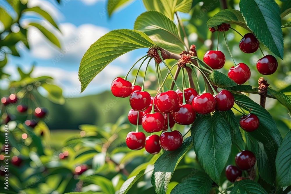 Obraz premium Lush Green Foliage and Bright Summer Sky with Vibrant Cherries