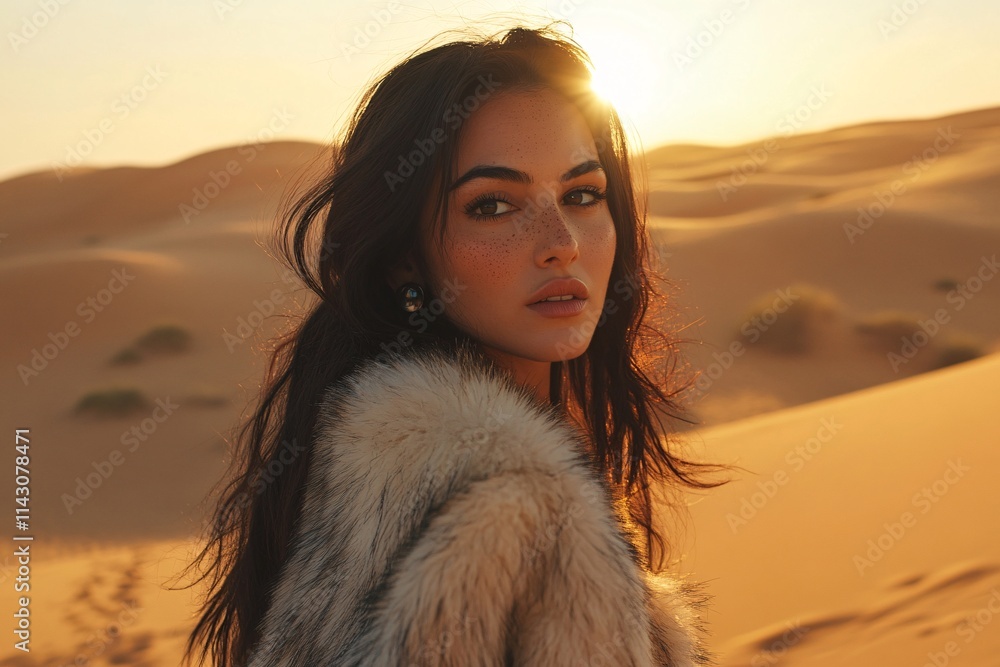 A Middle-Eastern woman, 35 years old, fur jacket, freckles glowing under sunrise light, walking through desert dunes, soft and elegant vibe, sharp focus 2 A Middle-Eastern woman, 35 years old, fur jacket, freckles glowing under sunrise light, walking through desert dunes, soft and elegant vibe, sharp focus 2