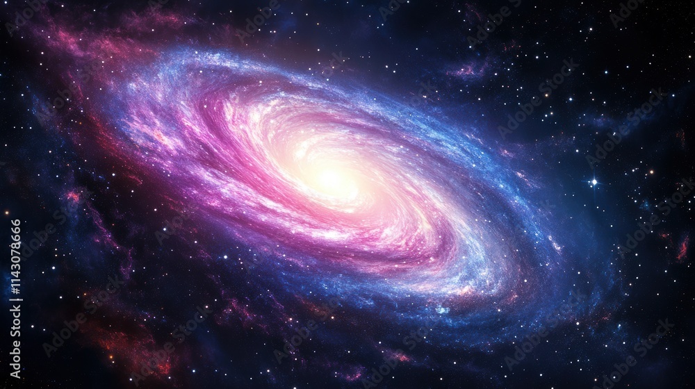 Obraz premium Close-up of a spiral galaxy with bright center, showcasing colorful dust lanes and clusters of stars.