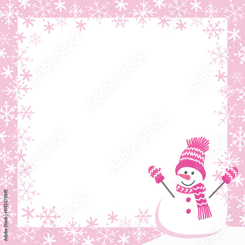 Winter Frame with Snowflakes, Cute Snowman. Beautiful Holiday Background. Christmas Greeting Card Template. Free Space for Your Text. Vector Illustration in Pink, White