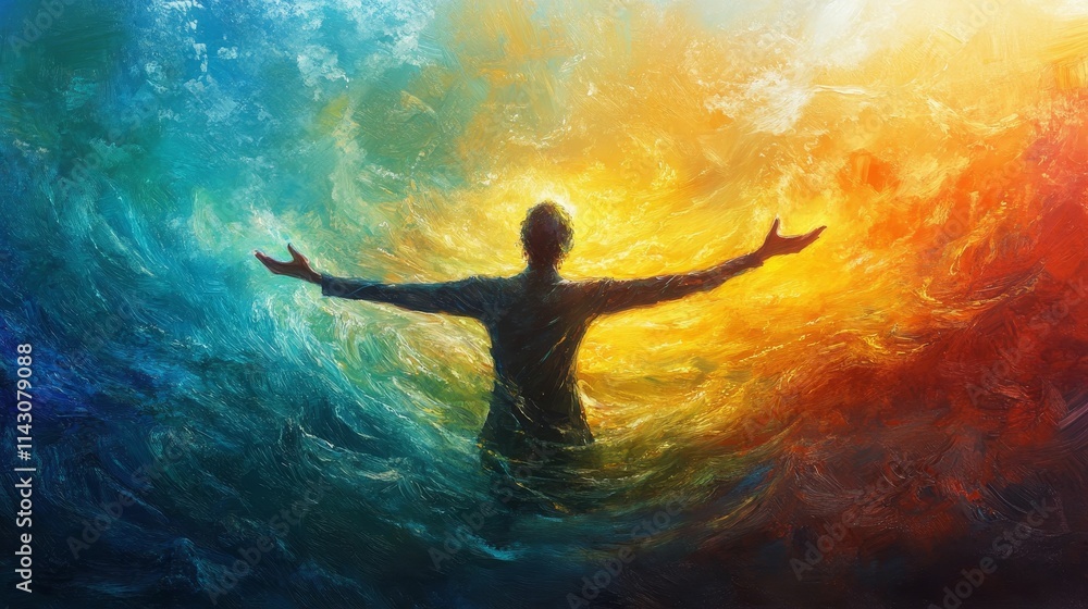 Figure embraces vibrant, contrasting, swirling colors. Figure embraces vibrant, contrasting, swirling colors.