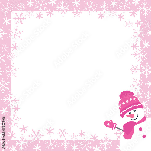 Winter Frame with Snowflakes, Cute Snowman. Beautiful Holiday Background. Christmas Greeting Card Template. Free Space for Your Text. Vector Illustration in Pink, White