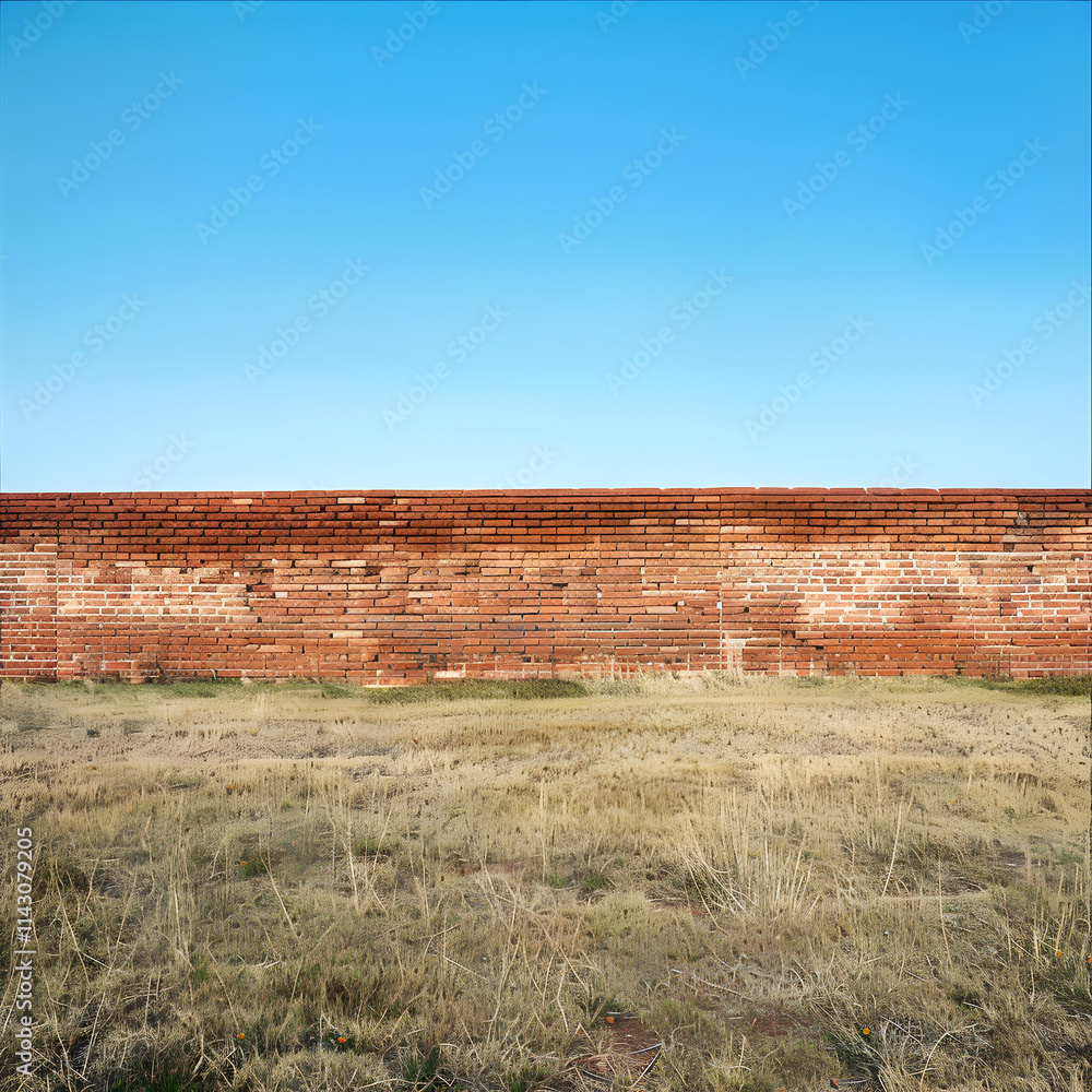 Imposing Brick Wall Under a Clear Blue Sky: A Symbol of Resilience and Division Imposing Brick Wall Under a Clear Blue Sky: A Symbol of Resilience and Division