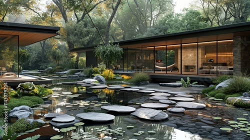 Serene modern garden with water features and lush greenery.